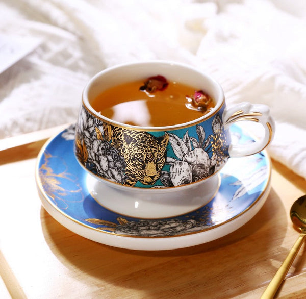 Creative Ceramic Tea Cup and Saucer, Jungle Tiger Cheetah Porcelain Coffee Cups, Unique Ceramic Cups with Gold Trim and Gift Box-Art Painting Canvas