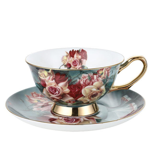 Rose Royal Ceramic Cups, Elegant Flower Ceramic Coffee Cups, Afternoon Porcelain Tea Cup Saucer Set, 6.8 oz Tea Cup and Saucer in Gift Box-Art Painting Canvas