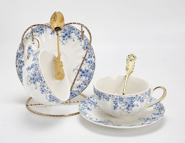 Blue Porcelain Tea Cup Saucer Set, British Royal Ceramic Cups for Traditional Afternoon Tea, Unique Blue Tea Cup and Saucer in Gift Box, Elegant Ceramic Coffee Cups-Art Painting Canvas