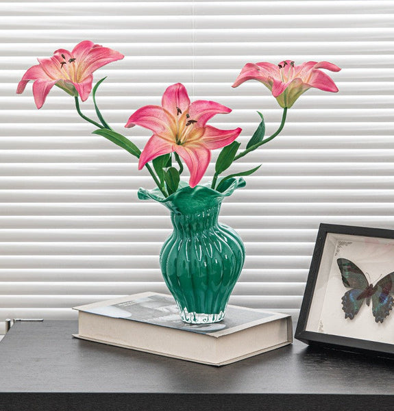 Contemporary Vases for Modern Home Decor, Unique Handmade Liuli Vases, Color Glaze Vase, Green Glass Bud Vases, Centerpiece Vases on Table-Art Painting Canvas