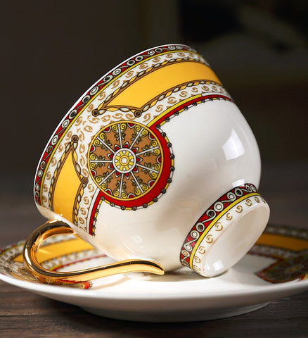 Handmade Beautiful British Tea Cups, Creative Bone China Porcelain Tea Cup Set, Yellow Royal Ceramic Coffee Cups, Unique Tea Cups and Saucers-Art Painting Canvas
