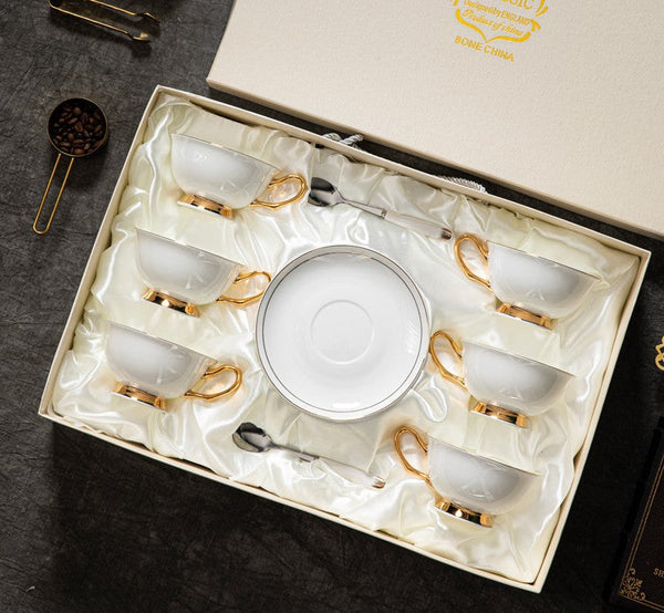 Porcelain Tea Cup Saucer Set, White Ceramic Cups, 7.8 oz British Ceramic Coffee Cups, Unique Tea Cup and Saucer in Gift Box-Art Painting Canvas