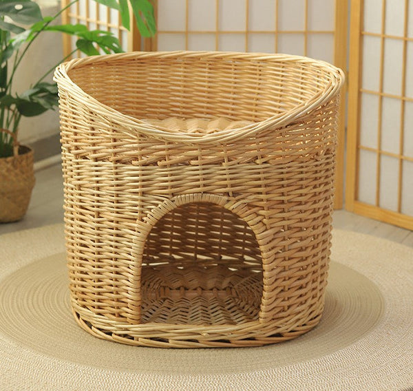 Washable Wicker Cat Bed, Wicker Cat House with Washable Cushion for Indoor Cats and Dogs-Art Painting Canvas