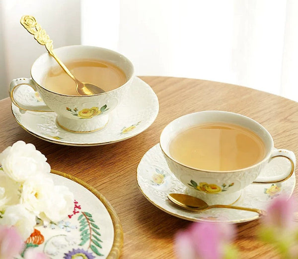Tea Cup Set, Vintage Tea Cup Set, Modern Ceramic Cups, Ceramic Tea Cup with Saucer, European Tea Cup Set, Porcelain Tea Cups, Floral Tea Cup Set, Classic British Tea Cups, Elegant Tea Cup With Saucer-Art Painting Canvas