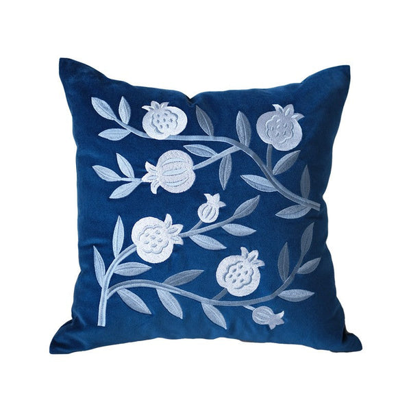Blue Embroidered Pomegranate Cushion, Large Decorative Pillows for Couch, Living Room Decorative Pillows, Modern Throw Pillows for Bedroom, Decorative Pillow Arrangement Ideas for Couch-Art Painting Canvas