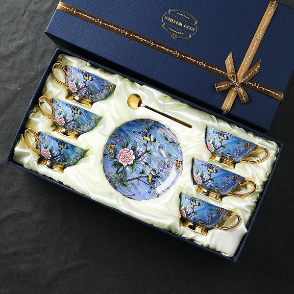 Blue Bird and Butterfly Porcelain Tea Cup Saucer Set, 7.4 oz British Tea Cup and Saucer in Gift Box, Elegant British Ceramic Coffee Cups-Art Painting Canvas