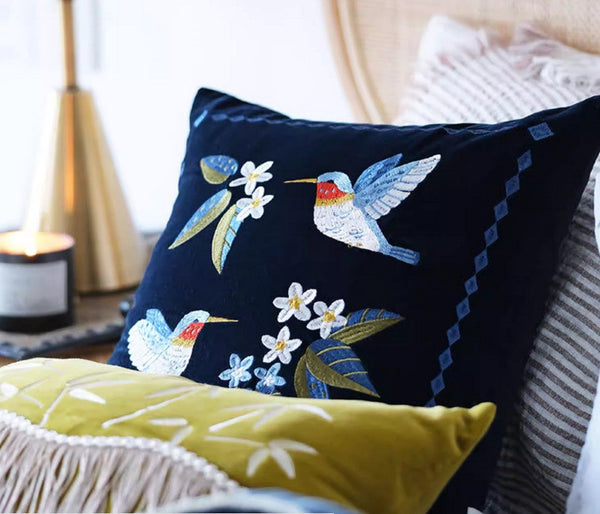 Decorative Pillow Arrangement Ideas for Couch, Vintage Decorative Pillows, Embroidered Birds Cushion, Decorative Pillows for Couch, Modern Throw Pillows for Bedroom-Art Painting Canvas