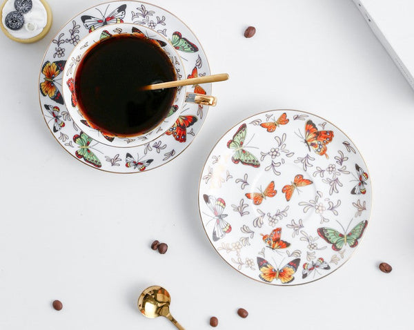Creative Butterfly Ceramic Coffee Cups, Unique Butterfly Coffee Cups and Saucers, Beautiful British Tea Cups, Creative Bone China Porcelain Tea Cup Set-Art Painting Canvas