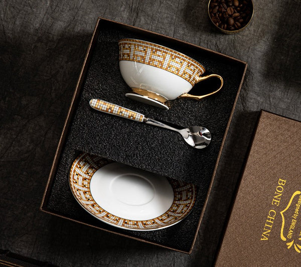Handmade Elegant British Ceramic Coffee Cups, 6.8 oz Tea Cup and Saucer in Gift Box, Porcelain Tea Cup Set for Office, Yellow Ceramic Cups-Art Painting Canvas