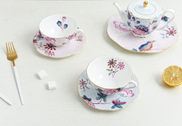 Unique Porcelain Cup and Saucer, Beautiful British Flower Tea Cups, Elegant Ceramic Coffee Cups, Creative Bone China Porcelain Tea Cup Set-Art Painting Canvas