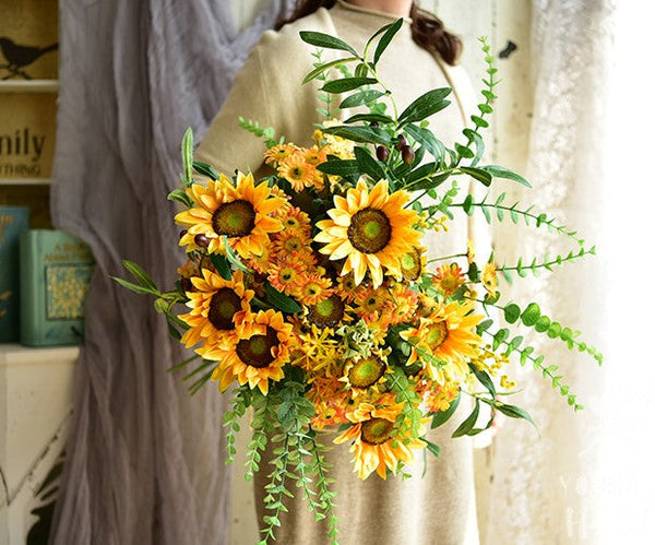 Large Bunch of Yellow Sunflowers, Unique Floral Arrangement for Home Decoration, Table Centerpiece, Real Touch Artificial Flowers for Living Room-Art Painting Canvas