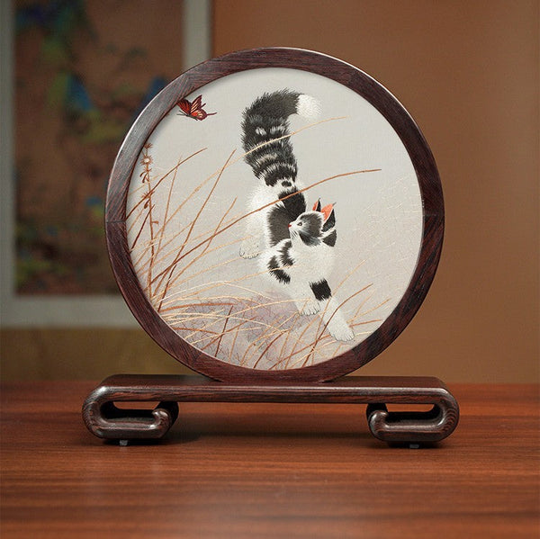 Unique Birthday Gift, Traditional Chinese Suzhou Kitten Embroidery Ornament, Lovely Kitty Cat Embroidered Decor, Premium Souvenir, Exclusive Business Present-Art Painting Canvas