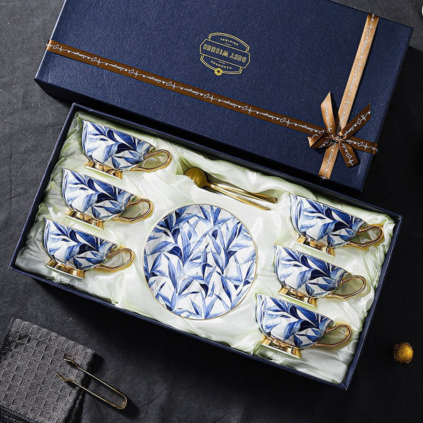 Unique British Tea Cup and Saucer in Gift Box, Blue Porcelain Tea Cup Saucer Set, 7.4 oz British Ceramic Coffee Cups-Art Painting Canvas