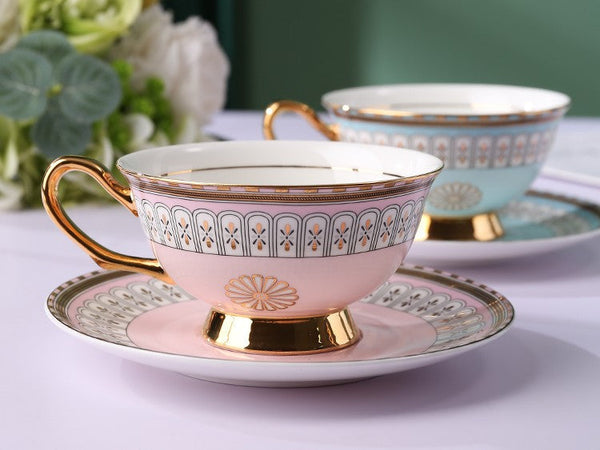 Royal Blue and Pink Porcelain Tea Cup Saucer Set, Tea Cup and Saucer in Gift Box, Elegant Ceramic Coffee Cups, Beautiful British Tea Cups-Art Painting Canvas