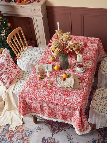 Large Fiberflax Rectangle Tablecloth for Home Decoration, Red Flower Pattern Tablecloth for Holiday Decoration, Square Tablecloth for Round Table-Art Painting Canvas