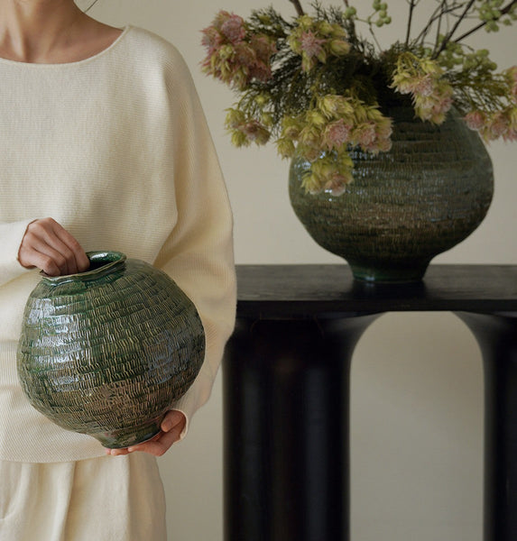 Large Contemporary Vases on Dining Table, Handmade Modern Flower Vase, Centerpiece Ceramic Bouquet Vases, Green Porcelain Vases for Modern Home Decor-Art Painting Canvas