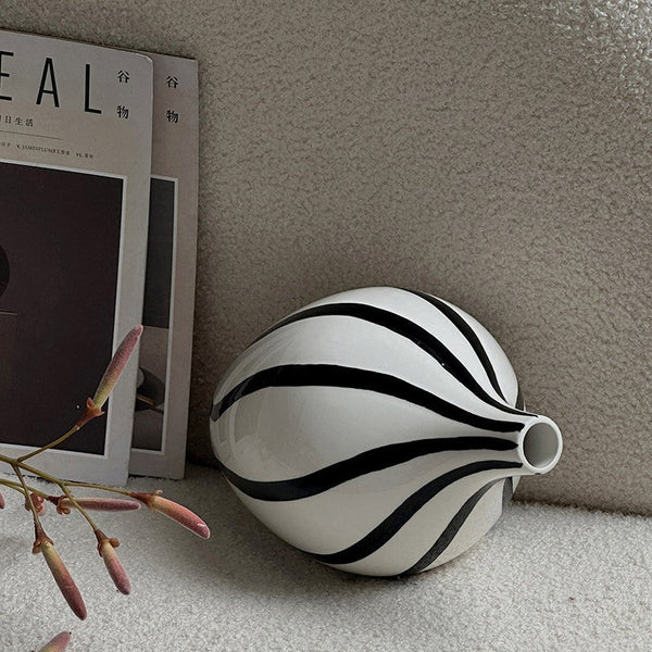 Porcelain Flower Vases, Modern Flower Vases on Table, Water Holding Flower Vases, Black and White Striped Ceramic Vase-Art Painting Canvas