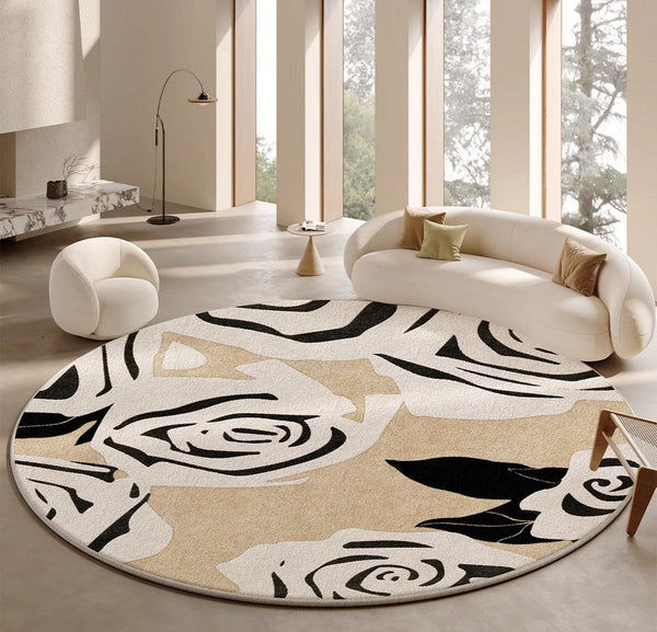 Abstract Contemporary Rugs for Bedroom, Modern Round Rugs under Coffee Table, Circular Rugs for Dining Table, Modern Cream Color Rugs for Living Room
