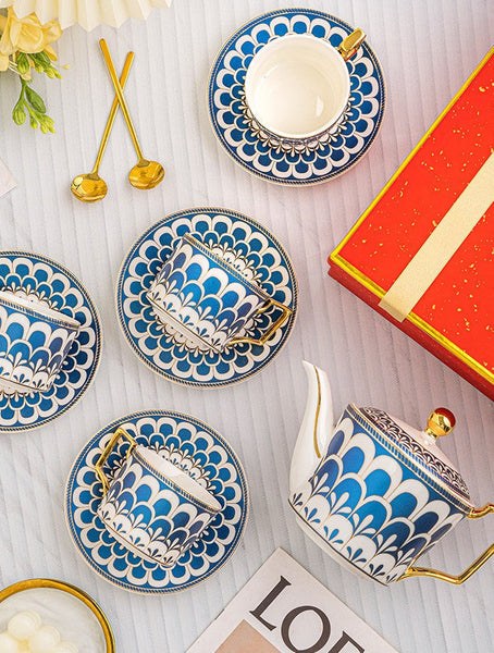 Tea Cup and Saucer Set of 4 cups with Teapot in Gift Box, 7.4 oz Modern Ceramic Coffee Cups for Office, Blue Porcelain Tea Cup and Saucer Set-Art Painting Canvas