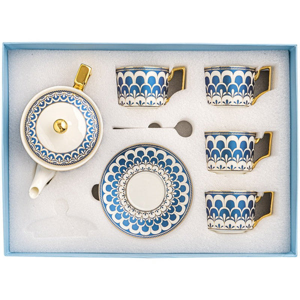 Porcelain Tea Cup and Saucer Set of 4 cups, Blue Tea Cup and Saucer Set with Teapot in Gift Box, 7.4 oz Modern Ceramic Coffee Cups for Office-Art Painting Canvas