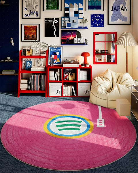 Geometric Round Rugs for Small House, Pink Modern Floor Rugs Next to Bed, Circular Modern Rugs for Dining Room, Contemporary Floor Carpets for Apartment