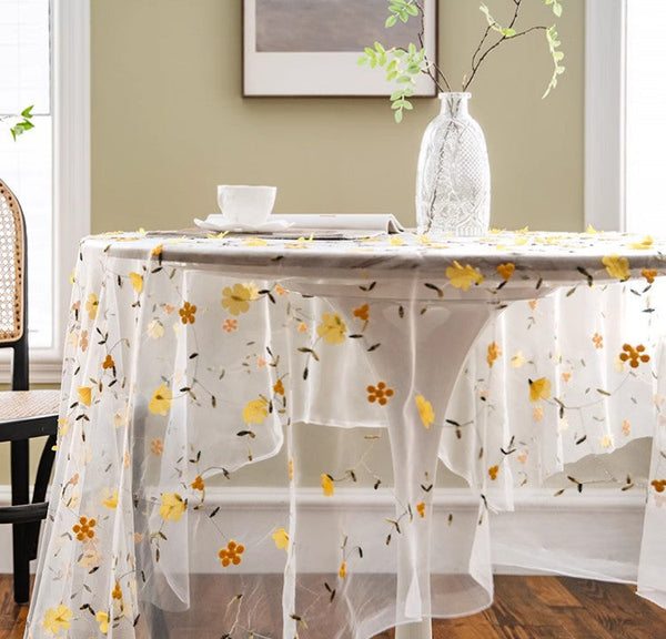 Yellow Flower Lace Tablecloths, Extra Large Rectangular Tablecloth for Oval Table, Lace Embroidered Table Covers, Rectangular Table Covers for Coffee Table-Art Painting Canvas