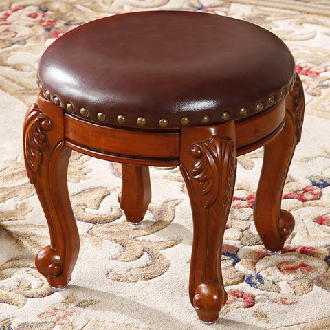 Solid Wood Ottoman, Rubberwood Entry Bench, Vanity Stool, Genuine Leather Solid Wood Entry Bench, Vintage Round Stool-Art Painting Canvas