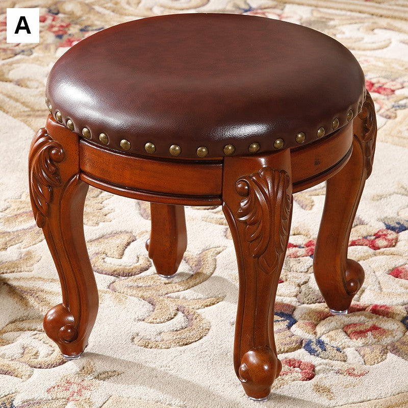 Solid Wood Ottoman, Rubberwood Entry Bench, Vanity Stool, Genuine Leather Solid Wood Entry Bench, Vintage Round Stool-Art Painting Canvas