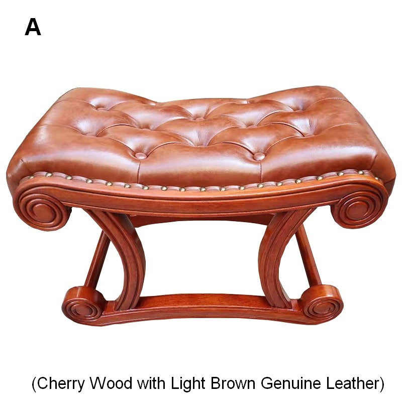 Cherry Wood Footstool, Vintage Leather Stool, Genuine Leather Solid Wood Entry Bench, Long Bench, Vanity Stool, Dressing Table Stool-Art Painting Canvas