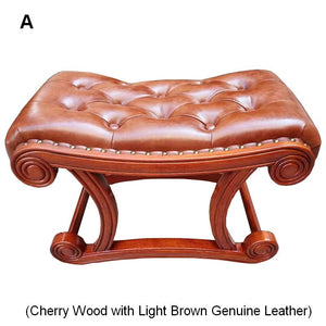 Cherry Wood Footstool, Vintage Leather Stool, Genuine Leather Solid Wood Entry Bench, Long Bench, Vanity Stool, Dressing Table Stool-Art Painting Canvas