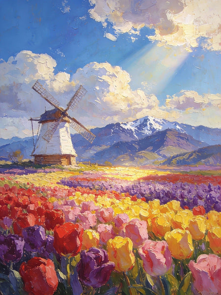 Sunlit Tulips, Windmill by the Hills, On Canvas Small Paintings, Hand Painted Canvas Art, Original Artwork Small Paintings on Wall, Landscape Oil Paintings-Art Painting Canvas