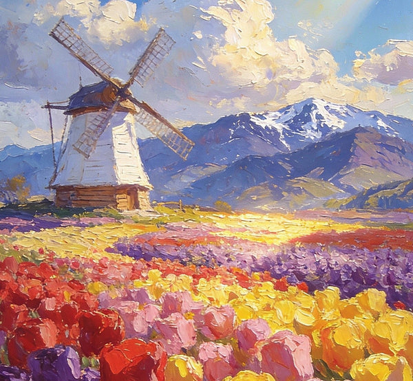 Sunlit Tulips, Windmill by the Hills, On Canvas Small Paintings, Hand Painted Canvas Art, Original Artwork Small Paintings on Wall, Landscape Oil Paintings-Art Painting Canvas