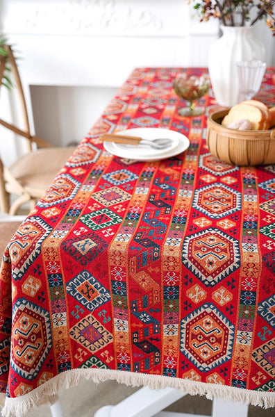 Oriental Red Rectangular Table Covers for Coffee Table, Bohemian Rectangular Tablecloth for Oval Table, Large Modern Linen Tablecloths-Art Painting Canvas