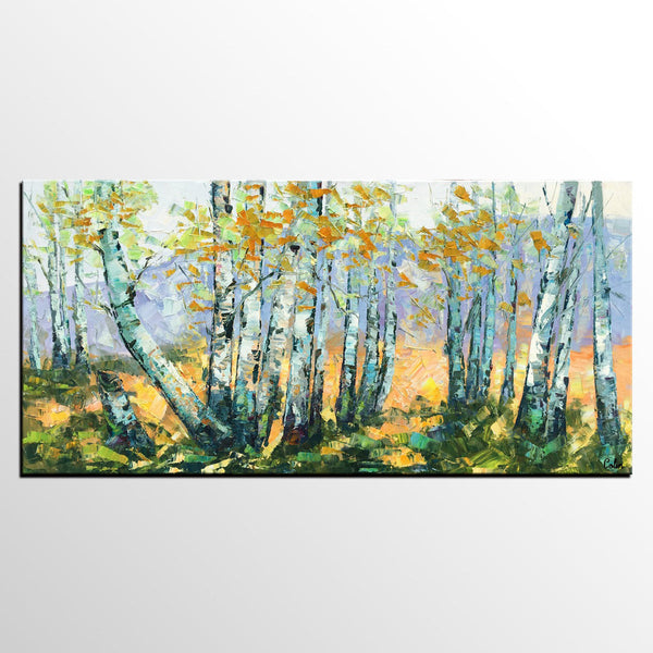 Custom Dining Room Wall Art, Landscape Painting, Birch Tree Painting, Impasto Canvas Art-Art Painting Canvas