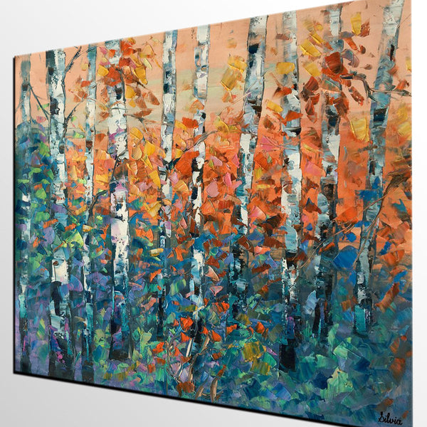 Birch Tree Painting, Large Oil Painting, Custom Canvas Artwork, Canvas Painting for Bedroom-Art Painting Canvas