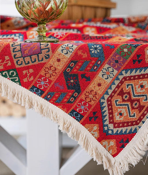 Oriental Red Rectangular Table Covers for Coffee Table, Bohemian Rectangular Tablecloth for Oval Table, Large Modern Linen Tablecloths-Art Painting Canvas