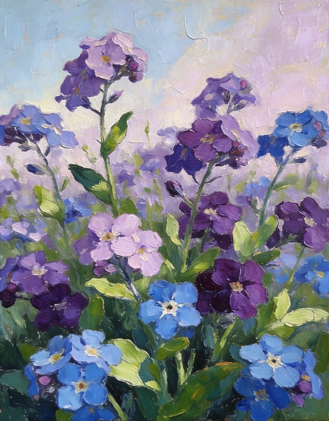 Original Flower Paintings, Hand Painted Canvas Art, Wild Purple Blue Forget-me-nots in Bloom, Small Canvas Wall Art Paintings, Original Oil Paintings-Art Painting Canvas