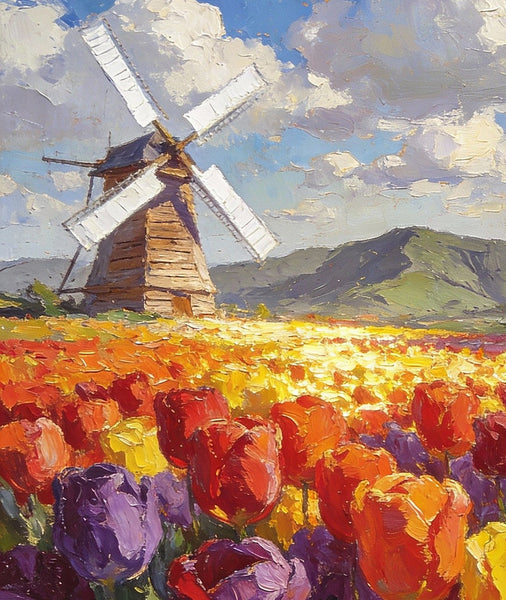 Heavy Texture Oil Paintings, On Canvas Small Paintings, Windmills Amidst a Sea of Blooming Tulips, Hand Painted Canvas Art, Original Small Paintings, Landscape Oil Paintings-Art Painting Canvas