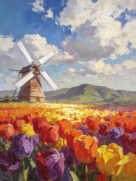 Heavy Texture Oil Paintings, On Canvas Small Paintings, Windmills Amidst a Sea of Blooming Tulips, Hand Painted Canvas Art, Original Small Paintings, Landscape Oil Paintings-Art Painting Canvas