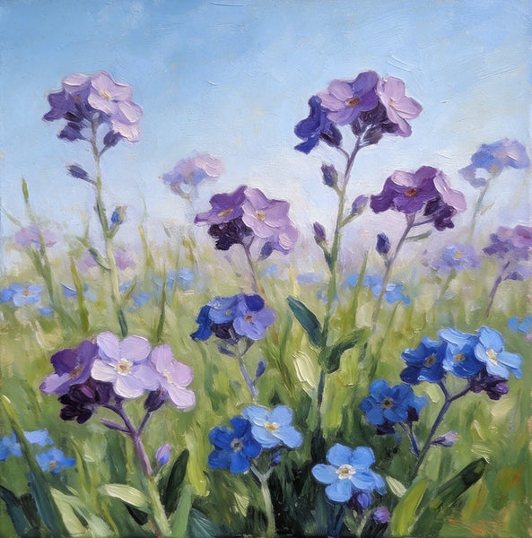 Original Small Canvas Artwork, Purple and Blue Forget-me-nots Blooming Wild, Buy Small Artwork Online, Still Life Painting, Original Flower Paintings, Hand Painted Canvas Art-Art Painting Canvas