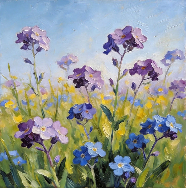 Small Canvas Artwork, Purple and Blue Forget-me-nots Blooming Wild, Buy Small Artwork Online, Hand Painted Canvas Art, Still Life Painting, Original Flower Paintings-Art Painting Canvas