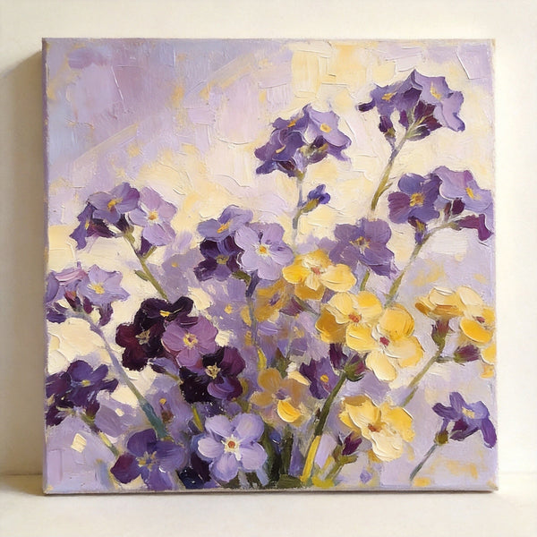 Small Canvas Artwork, Original Flower Paintings, Blooming Purple Yellow Forget-me-nots, Still Life Painting, Hand Painted Canvas Art, Buy Small Paintings Online-Art Painting Canvas