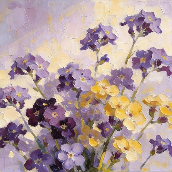 Small Canvas Artwork, Original Flower Paintings, Blooming Purple Yellow Forget-me-nots, Still Life Painting, Hand Painted Canvas Art, Buy Small Paintings Online-Art Painting Canvas