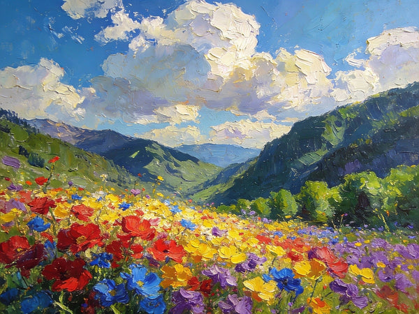 Hand Painted Canvas Art, A Valley in Bloom with Spring Flowers, On Canvas Small Paintings, Original Wall Art Paintings, Original Artwork Small Paintings, Small Landscape Paintings-Art Painting Canvas