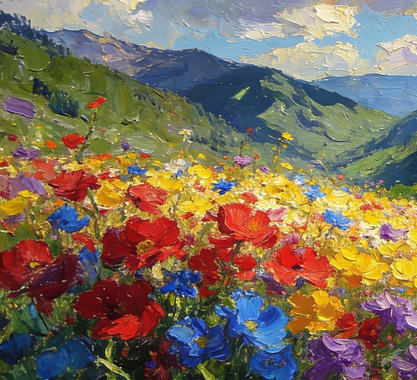 Hand Painted Canvas Art, A Valley in Bloom with Spring Flowers, On Canvas Small Paintings, Original Wall Art Paintings, Original Artwork Small Paintings, Small Landscape Paintings-Art Painting Canvas