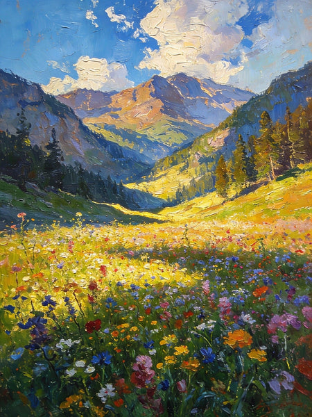 Wildflowers in Bloom Among High Peaks and Valleys, Small Landscape Paintings, Original Small Paintings on Canvas, Small Paintings on Canvas, Hand Painted Canvas Art, Heavy Texture Oil Paintings-Art Painting Canvas