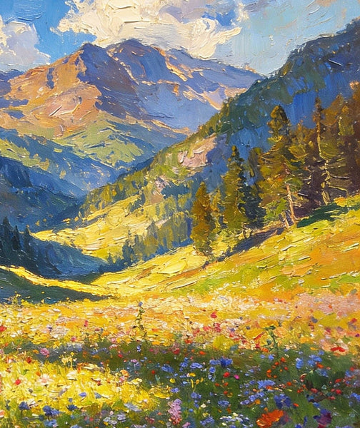 Wildflowers in Bloom Among High Peaks and Valleys, Small Landscape Paintings, Original Small Paintings on Canvas, Small Paintings on Canvas, Hand Painted Canvas Art, Heavy Texture Oil Paintings-Art Painting Canvas