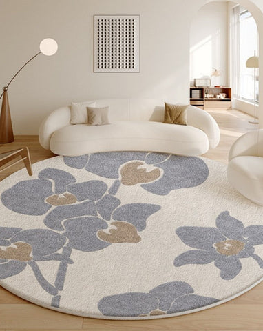 Bedroom Abstract Modern Area Rugs, Contemporary Modern Rugs, Geometric Round Rugs for Dining Room, Flower Pattern Circular Modern Rugs under Chairs-Art Painting Canvas