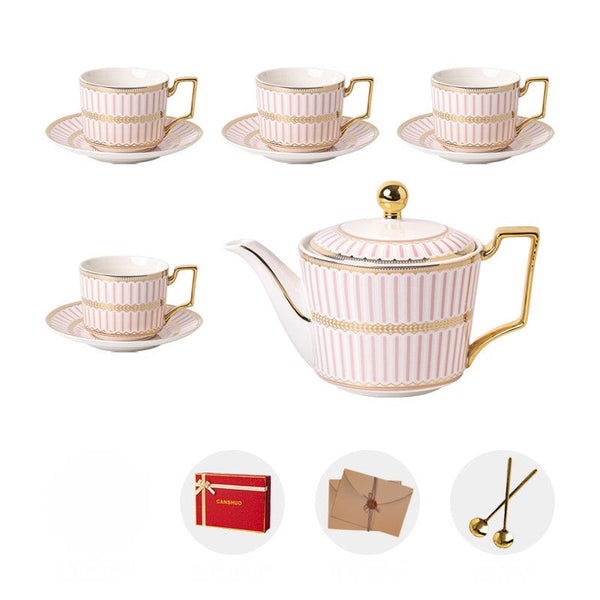 Ceramic Coffee Cups for Office, 7.4 oz British Tea Cups with Teapot, Modern Porcelain Cup and Saucer with Teapot, Pink Porcelain Tea Cup Set of 4 cups-Art Painting Canvas