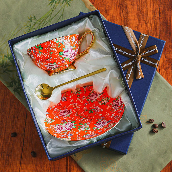Porcelain Tea Cup and Saucer Set, Floral Ceramic Coffee Cup with Saucer, Traditional English Tea Cup and Saucer Set, Afternoon British Tea Cup with Saucer-Art Painting Canvas